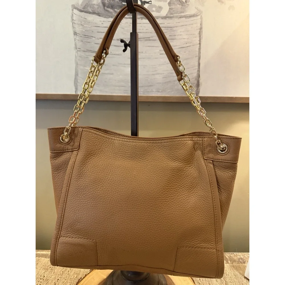 Tory Burch Britten Bark Tan Pebbled Leather Small Slouchy Chain Tote Bag 445$